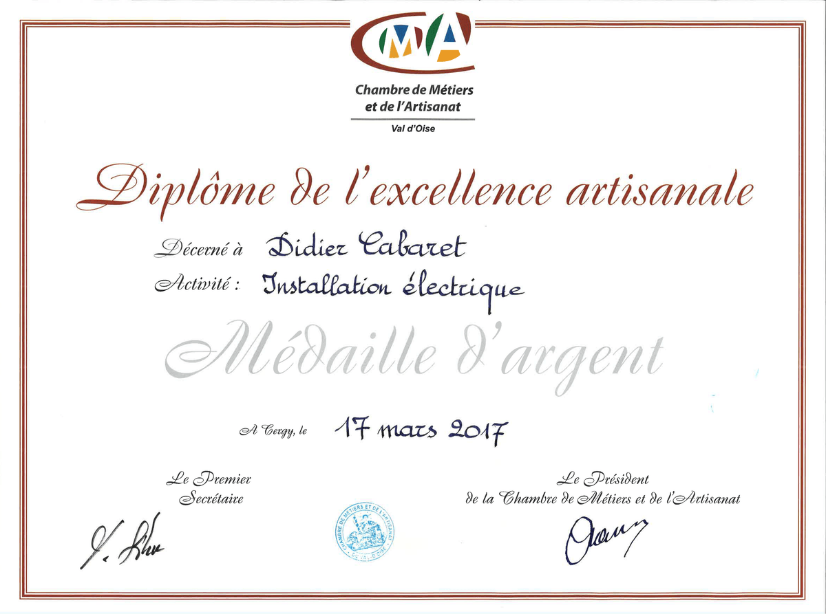 Diplôme de l'Excellence Artisanale décerné à CD-ELEC